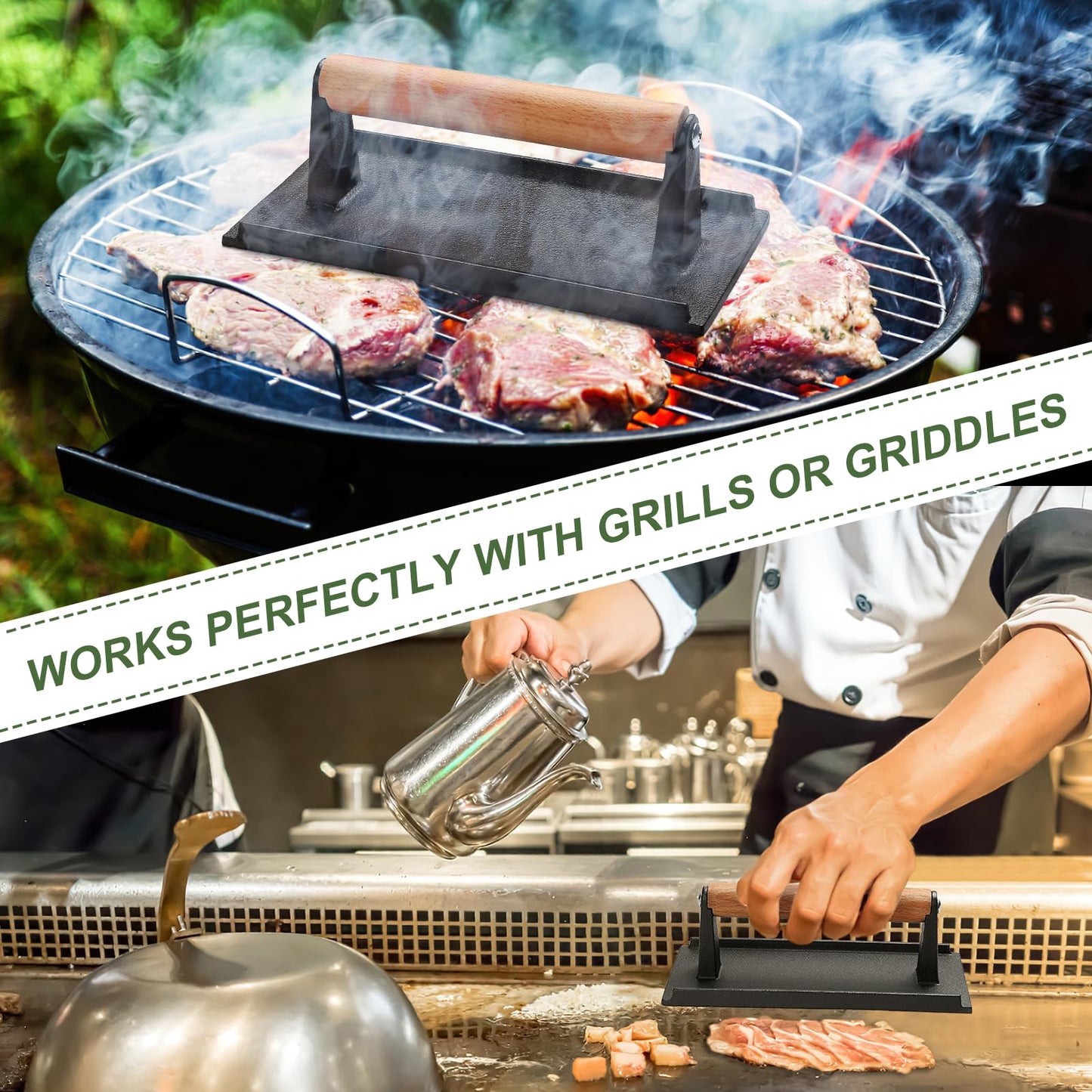 Burger Press, 8.2" X 4.3" Rectangle Heavy-Duty Cast Iron Smash Bacon Press Meat Steak with Wood Handle for Griddle, Sandwich, Nonstick Pan