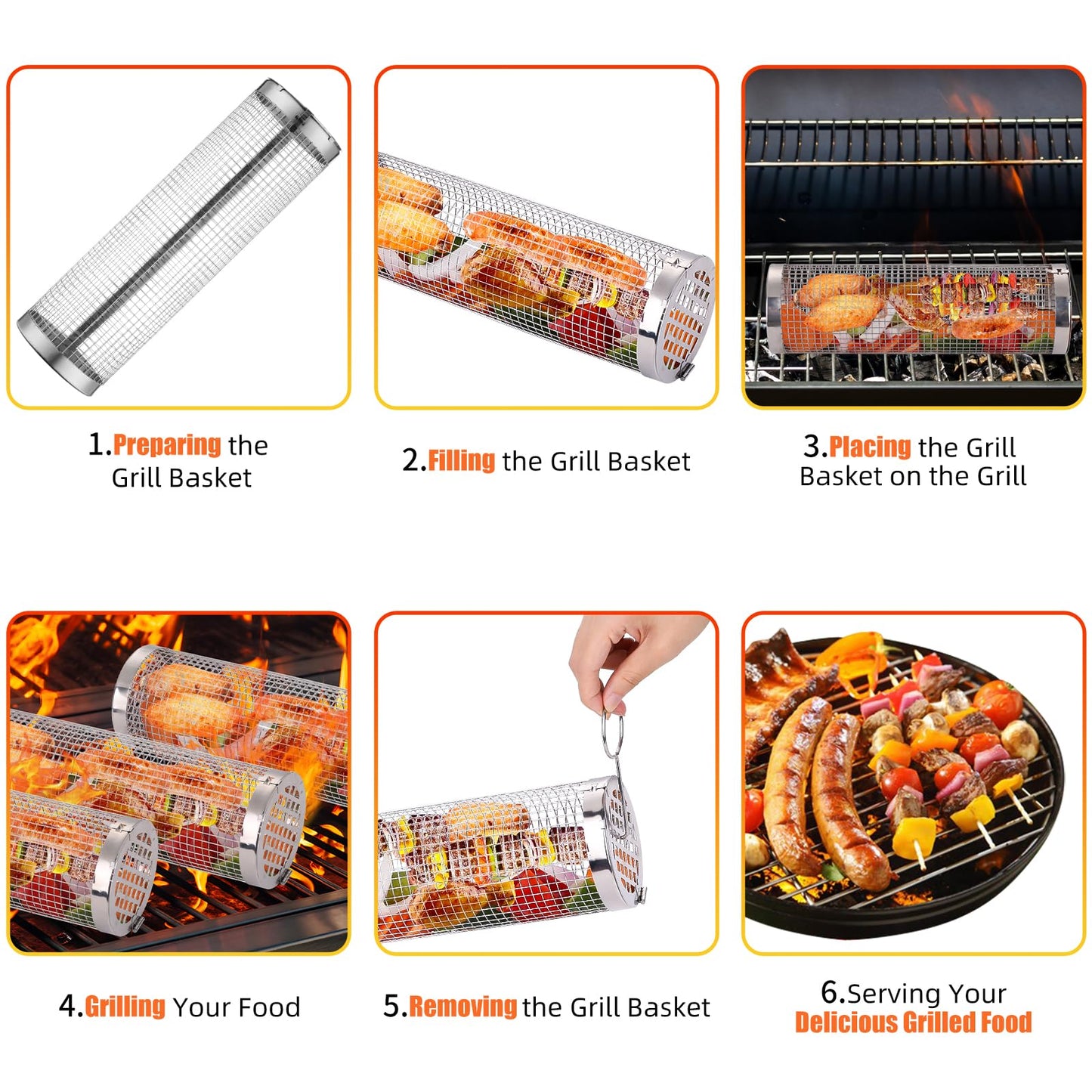 Rolling Grill Baskets for Outdoor Grilling, 2 Pcs Stainless Steel Grill Mesh, Rolling Grill Baskets for Outdoor Grill, Portable Grill Nets Cylinder for Shrimp, Meat Barbecue Camping Picnic with Forks