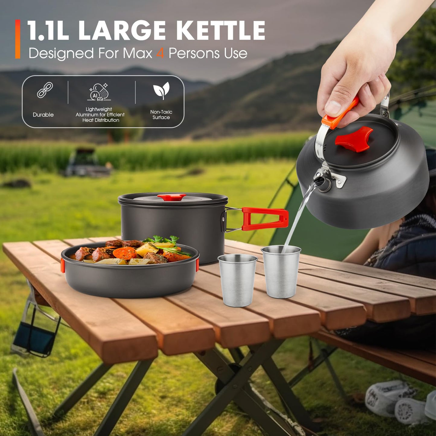 16pcs Camping Cookware Kit, 0.45Gal Pot, 7inches Pan,0.30Gal Kettle Set with 2 Set Stainless Steel Cups Plates Forks Knives Spoons for Hiking,Camping,Backpacking,Outdoor Cooking and Picnic