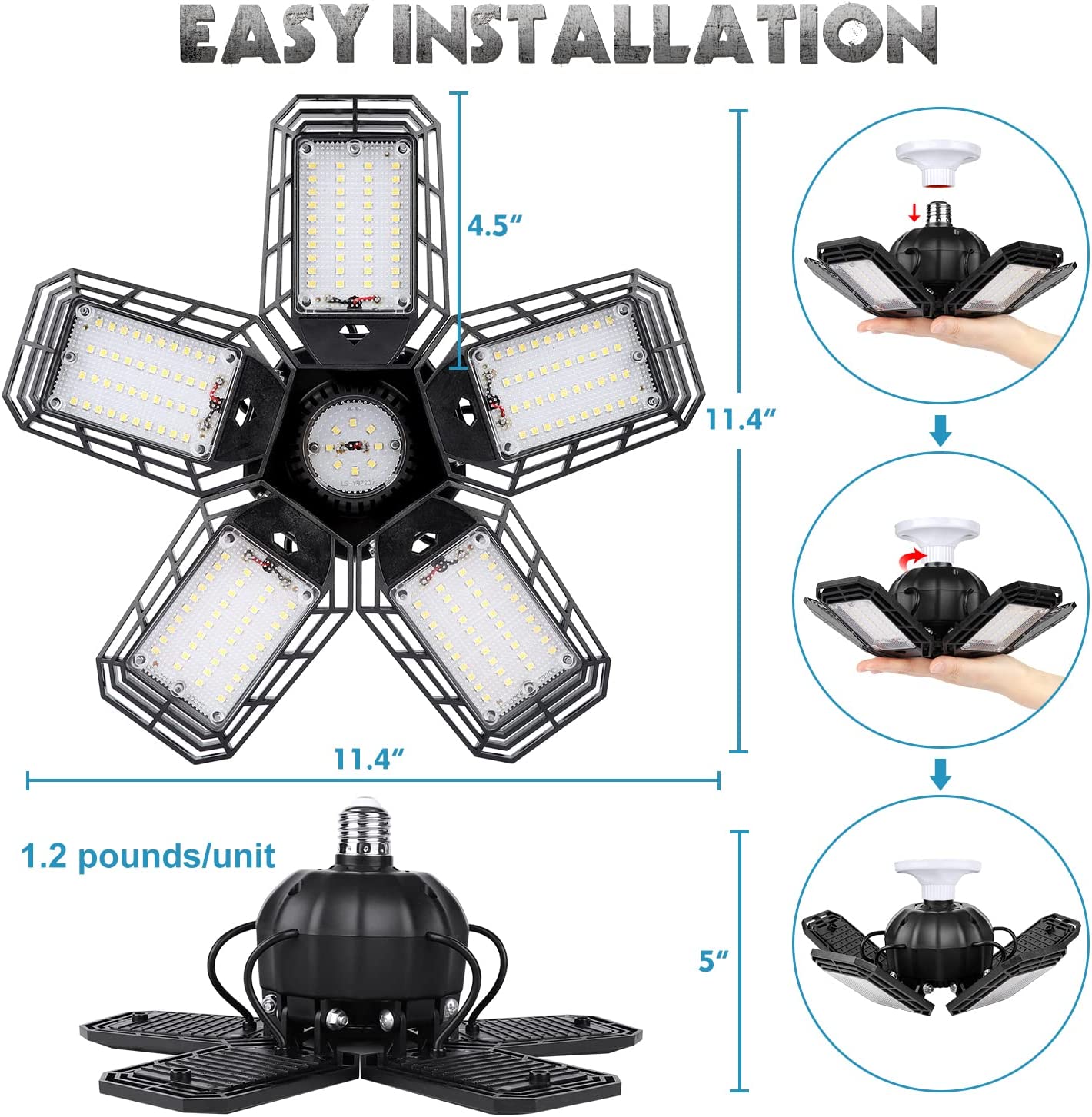 2 Pack LED Garage Lights, 160W Deformable LED Garage Ceiling Lights with 5 Adjustable Panels, E26 / E27 LED Lights for Garage